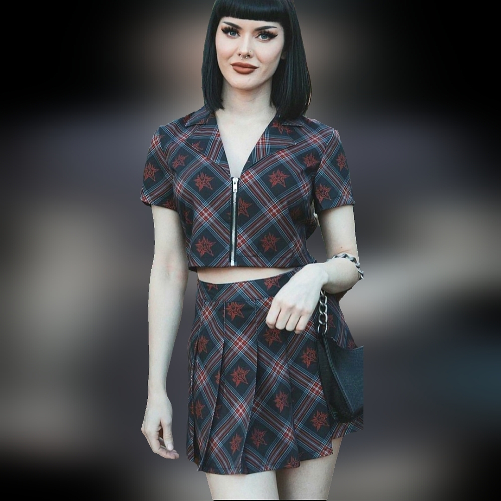 Blackcraft Cult BCC goat red blk plaid crop top pleated mini skirt set 3X NWOT